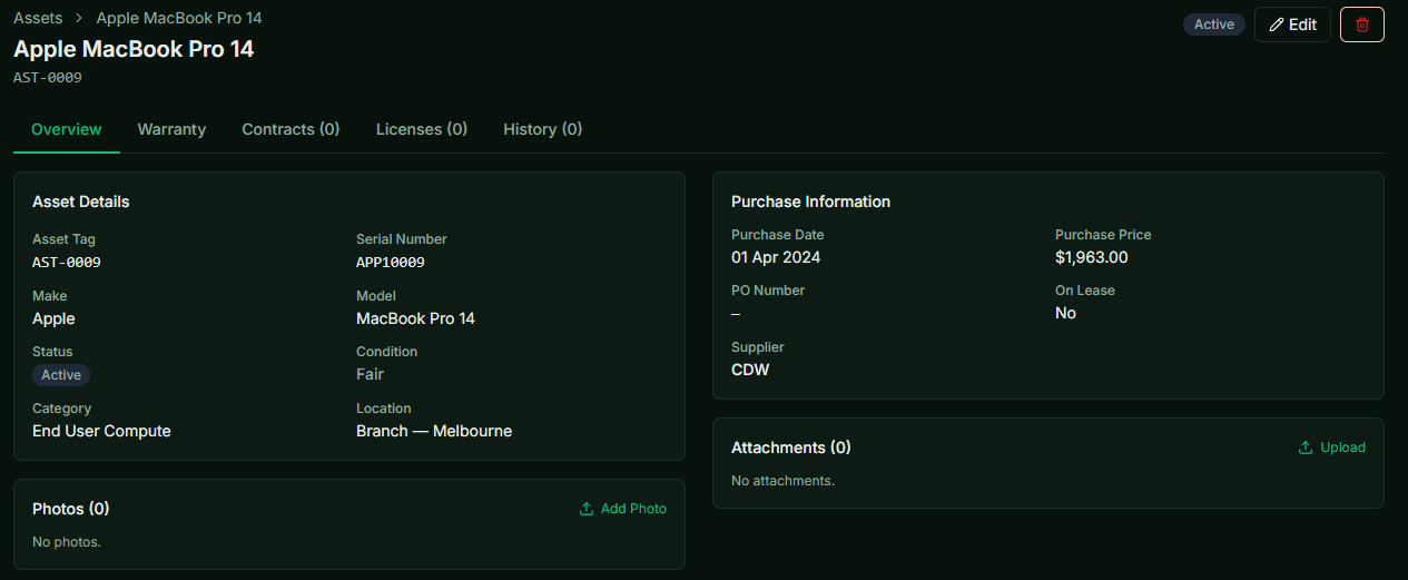 Asset detail page with purchase info, warranty tabs, and attachments