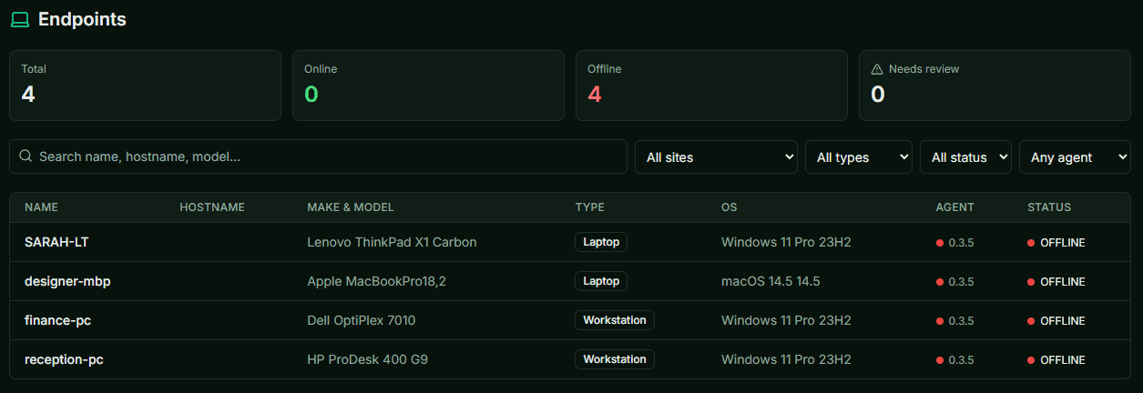 Endpoint management list with laptops and workstations, agent status, and OS
