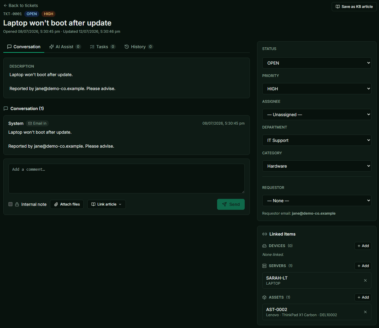 Ticket detail with conversation, linked devices and assets, and status controls