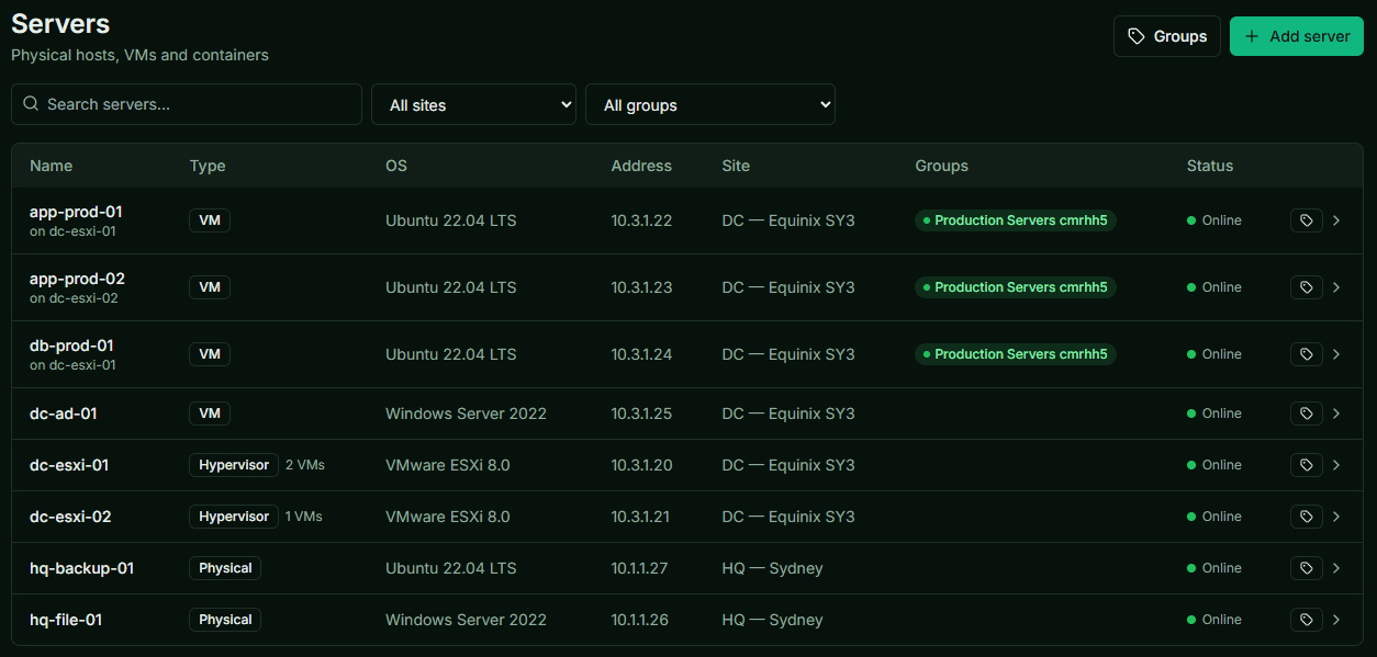 Server inventory listing physical hosts, VMs, and containers