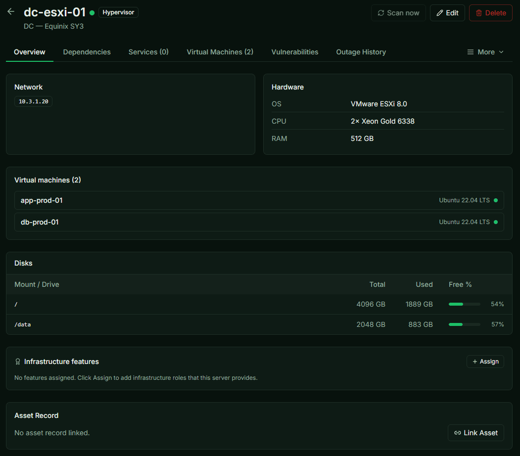 Server detail page showing hardware, virtual machines, disks, and asset links