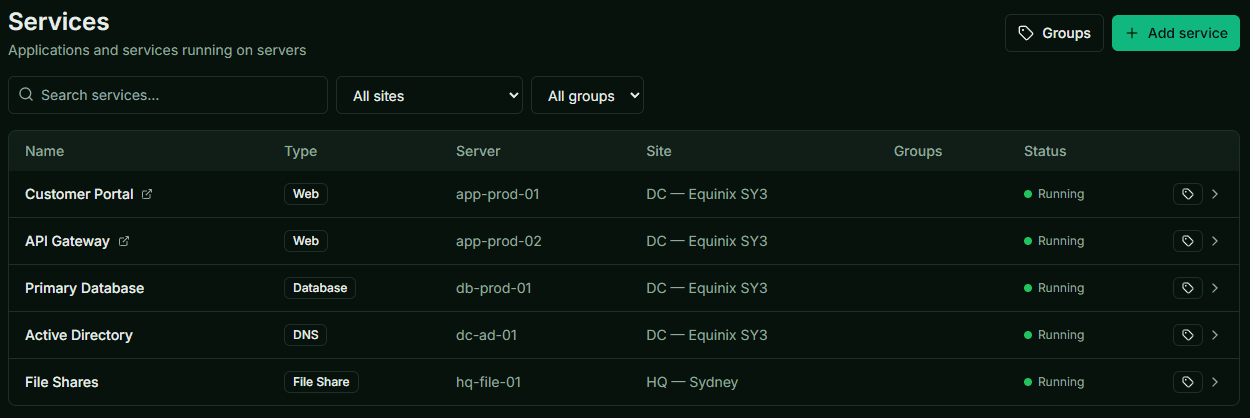 Services list showing web apps and databases running on servers